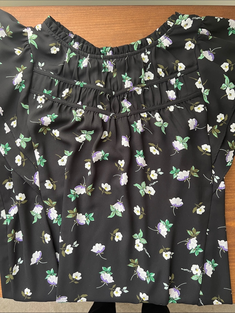 LOFT Black Floral Blouse with Purple & White Flowers